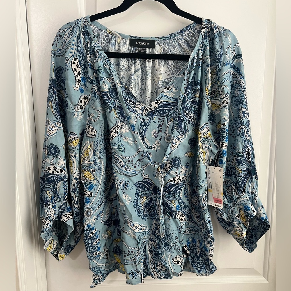 Karen Kane Teal and Yellow Patterned Blouse